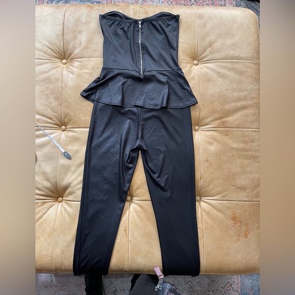 Black almost leather like stretchy peplum jumpsuit small - Picture 4 of 5